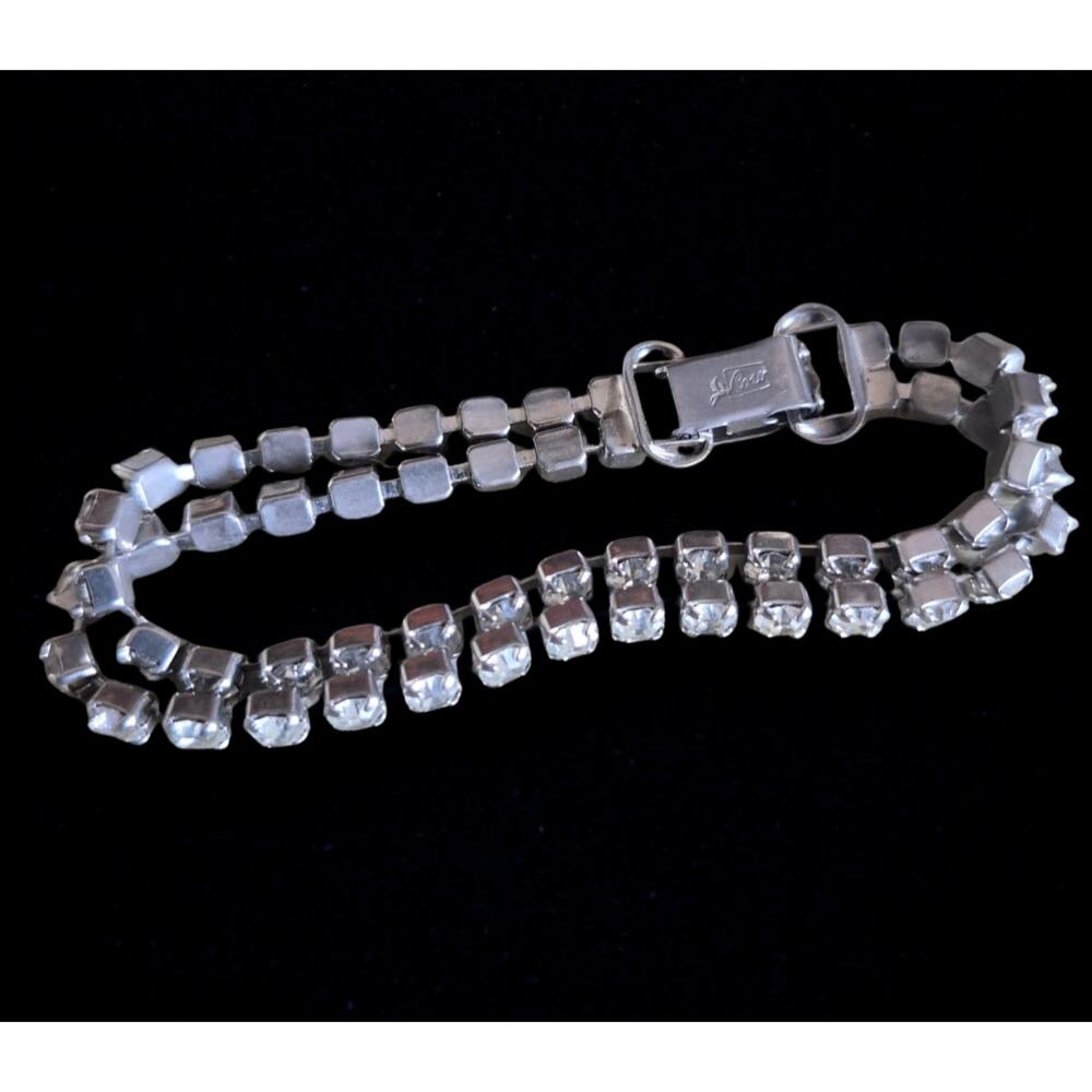 Vintage Rhinestone Silver Tone Double Strand Tennis Bracelet Signed Coro